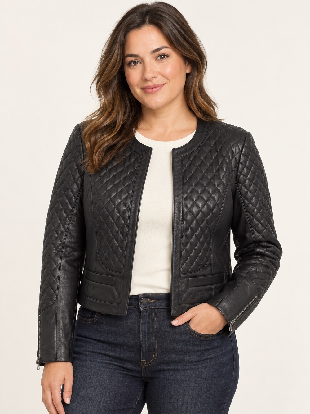 Halogen Black Genuine Leather Quilted Jacket Women’s Large Collarless
